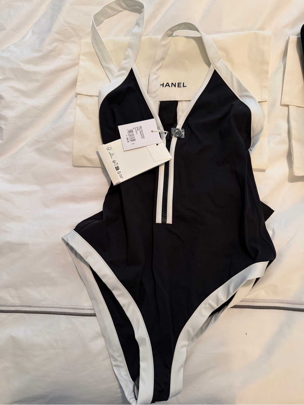 CHANEL Black and White Girls' One-Piece Swim Suit with Front Zip